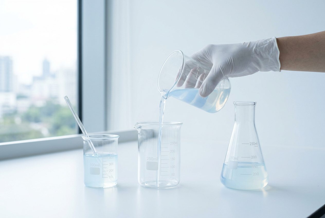 Laboratory beakers holding a faintly blue, opalescent colloidal silica sol