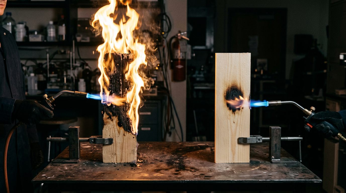 Two wooden planks under torch flames: the untreated one burns, the coated one only scorches